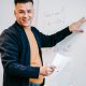 A teacher smiling beside a whiteboard during a maths lesson